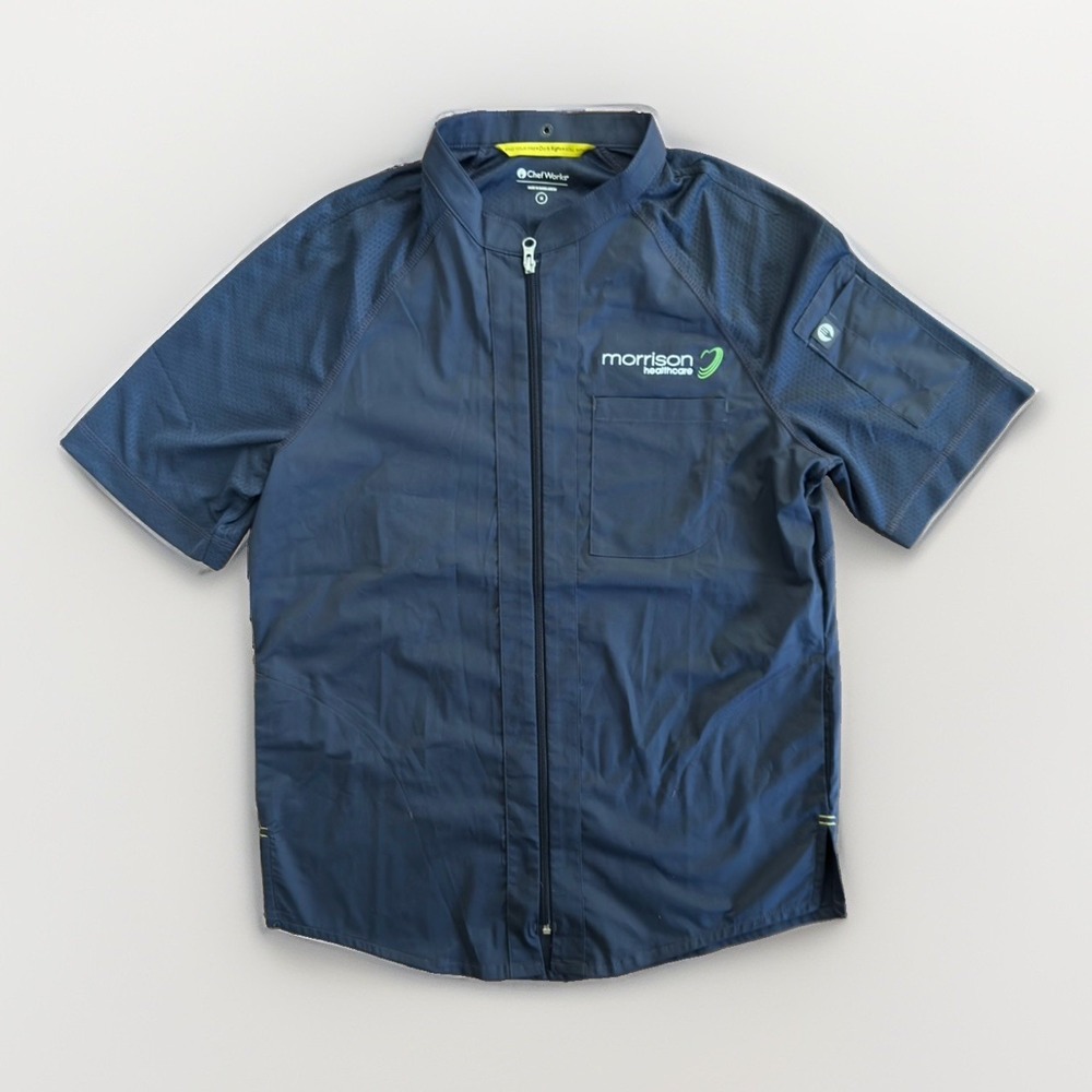 Chef Works Men's Medium Navy Blue Short Sleeve Zip Chef Coat Jacket NWT
